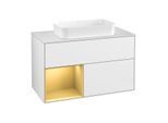 Villeroy und Boch Finion Waschtischunterschrank G241HFGF 100cm, Abdeckplatte white matt, Emotion, Regal links Gold matt, Glossy white lacquer