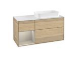 Villeroy und Boch Finion Waschtischunterschrank F271HHPC 120cm, Abdeckplatte white matt, Regal links Sand Matt Lacquer, Oak Veneer