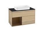 Villeroy und Boch Finion Waschtischunterschrank G242GNPC 100cm, Abdeckplatte black matt, Emotion, Regal links Walnut veneer, Oak Veneer