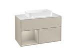 Villeroy und Boch Finion Waschtischunterschrank F241HHHH 100x60,3cm, Abdeckplatte white matt, Regal links Sand Matt Lacquer, Sand Matt Lacquer