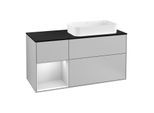 Villeroy und Boch Finion Waschtischunterschrank G272MTGJ 120cm, Abdeckplatte black matt, Emotion, Regal links White matt lacquer, Light grey matt