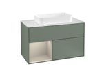 Villeroy und Boch Finion Waschtischunterschrank F241HHGM 100x60,3cm, Abdeckplatte white matt, Regal links Sand Matt Lacquer, Olive Matt Lacquer