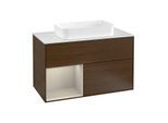 Villeroy und Boch Finion Waschtischunterschrank F241HHGN 100x60,3cm, Abdeckplatte white matt, Regal links Sand Matt Lacquer, Walnut veneer