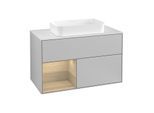 Villeroy und Boch Finion Waschtischunterschrank G241PCGJ 100cm, Abdeckplatte white matt, Emotion, Regal links Oak Veneer, Light grey matt