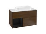 Villeroy und Boch Finion Waschtischunterschrank F241PHGN 100x60,3cm, Abdeckplatte white matt, Regal links Glossy Black Lacquer, Walnut veneer