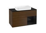 Villeroy und Boch Finion Waschtischunterschrank F252PHGN 100x60,3cm, Abdeckplatte black matt, Regal rechts Glossy Black Lacquer, Walnut veneer