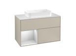 Villeroy und Boch Finion Waschtischunterschrank F241MTHH 100x60,3cm, Abdeckplatte white matt, Regal links White matt lacquer, Sand Matt Lacquer