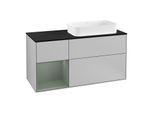 Villeroy und Boch Finion Waschtischunterschrank F272GMGJ 120cm, Abdeckplatte black matt, Regal links Olive Matt Lacquer, Light grey matt