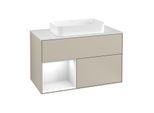 Villeroy und Boch Finion Waschtischunterschrank F241GFHH 100x60,3cm, Abdeckplatte white matt, Regal links Glossy white lacquer, Sand Matt Lacquer