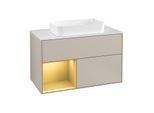 Villeroy und Boch Finion Waschtischunterschrank F241HFHH 100x60,3cm, Abdeckplatte white matt, Regal links Gold matt, Sand Matt Lacquer