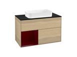 Villeroy und Boch Finion Waschtischunterschrank F242HBPC 100x60,3cm, Abdeckplatte black matt, Regal links Peony, Oak Veneer