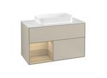 Villeroy und Boch Finion Waschtischunterschrank G241PCHH 100cm, Abdeckplatte white matt, Emotion, Regal links Oak Veneer, Sand Matt Lacquer