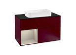 Villeroy und Boch Finion Waschtischunterschrank F242HHHB 100x60,3cm, Abdeckplatte black matt, Regal links Sand Matt Lacquer, Peony Matt