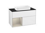 Villeroy und Boch Finion Waschtischunterschrank F242HHGF 100x60,3cm, Abdeckplatte black matt, Regal links Sand Matt Lacquer, Glossy white lacquer