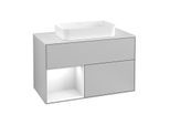 Villeroy und Boch Finion Waschtischunterschrank G241GFGJ 100cm, Abdeckplatte white matt, Emotion, Regal links Glossy white lacquer, Light grey matt