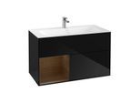 Villeroy und Boch Finion Waschtischunterschrank G030GNPH 99,6x59,1cm, Wandbeleuchtung, Regal links Walnut veneer, Glossy Black Lacquer