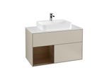 Villeroy und Boch Finion Waschtischunterschrank G361GNHH 100cm, Abdeckplatte white matt, Emotion, Regal links Walnut veneer, Sand Matt Lacquer