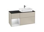 Villeroy und Boch Finion Waschtischunterschrank G392MTHH 120cm, Abdeckplatte black matt, Emotion, Regal links White matt lacquer, Sand Matt Lacquer