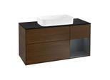 Villeroy und Boch Finion Waschtischunterschrank G302HGGN 120cm, Abdeckplatte black matt, Emotion, Regal rechts Midnight Blue Matt Lacquer, Walnut veneer