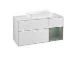 Villeroy und Boch Finion Waschtischunterschrank G301GMMT 120cm, Abdeckplatte white matt, Emotion, Regal rechts Olive Matt Lacquer, White matt lacquer