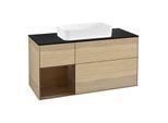 Villeroy und Boch Finion Waschtischunterschrank G292GNPC 120cm, Abdeckplatte black matt, Emotion, Regal links Walnut veneer, Oak Veneer