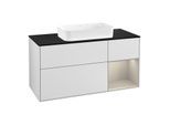 Villeroy und Boch Finion Waschtischunterschrank F302HHMT 120cm, Abdeckplatte black matt, Regal rechts Sand Matt, White matt lacquer