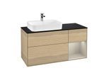 Villeroy und Boch Finion Waschtischunterschrank F402HHPC 120cm, Abdeckplatte black matt, Regal rechts Sand Matt, Oak Veneer
