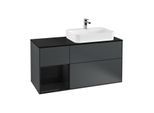 Villeroy und Boch Finion Waschtischunterschrank F392PHHG 120cm, Abdeckplatte black matt, Regal links Glossy Black Lacquer, Midnight Blue Matt Lacquer
