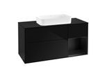 Villeroy und Boch Finion Waschtischunterschrank F302PDPH 120cm, Abdeckplatte black matt, Regal rechts Black matt lacquer, Glossy Black Lacquer