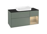 Villeroy und Boch Finion Waschtischunterschrank F302PCGM 120cm, Abdeckplatte black matt, Regal rechts Oak Veneer, Olive Matt Lacquer