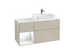 Villeroy und Boch Finion Waschtischunterschrank G391GFHH 120cm, Abdeckplatte white matt, Emotion, Regal links Glossy white lacquer, Sand Matt Lacquer