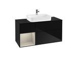 Villeroy und Boch Finion Waschtischunterschrank G412HHPH 120cm, Abdeckplatte black matt, Emotion, Regal links Sand Matt Lacquer, Glossy Black Lacquer