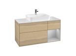 Villeroy und Boch Finion Waschtischunterschrank F421GJPC 120cm, Abdeckplatte white matt, Regal rechts Light grey matt, Oak Veneer