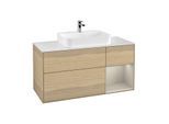Villeroy und Boch Finion Waschtischunterschrank F421HHPC 120cm, Abdeckplatte white matt, Regal rechts Sand Matt, Oak Veneer