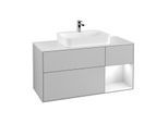 Villeroy und Boch Finion Waschtischunterschrank F421GFGJ 120cm, Abdeckplatte white matt, Regal rechts Glossy white lacquer, Light grey matt