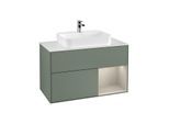 Villeroy und Boch Finion Waschtischunterschrank G371HHGM 100cm, Abdeckplatte white matt, Emotion, Regal rechts Sand Matt, Olive Matt Lacquer