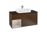 Villeroy und Boch Finion Waschtischunterschrank F412HHGN 120cm, Abdeckplatte black matt, Regal links Sand Matt Lacquer, Walnut veneer