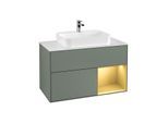 Villeroy und Boch Finion Waschtischunterschrank G371HFGM 100cm, Abdeckplatte white matt, Emotion, Regal rechts Gold matt, Olive Matt Lacquer