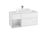 Villeroy und Boch Finion Waschtischunterschrank F411GJGF 120cm, Abdeckplatte white matt, Regal links Light grey matt, Glossy white lacquer