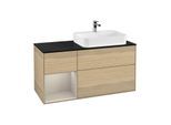 Villeroy und Boch Finion Waschtischunterschrank F392HHPC 120cm, Abdeckplatte black matt, Regal links Sand Matt Lacquer, Oak Veneer