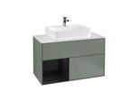 Villeroy und Boch Finion Waschtischunterschrank F111PHGM 100cm, Abdeckplatte black matt, Regal links Glossy Black Lacquer, Olive Matt Lacquer