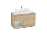 Villeroy und Boch Finion Waschtischunterschrank F111HHPC 100cm, Abdeckplatte black matt, Regal links Sand Matt Lacquer, Oak Veneer