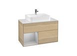 Villeroy und Boch Finion Waschtischunterschrank F111GJPC 100cm, Abdeckplatte black matt, Regal links Light grey matt, Oak Veneer