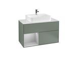 Villeroy und Boch Finion Waschtischunterschrank F111GJGM 100cm, Abdeckplatte black matt, Regal links Light grey matt, Olive Matt Lacquer