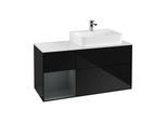 Villeroy und Boch Finion Waschtischunterschrank F141HGPH 120cm, Abdeckplatte glass white Matt, Regal links Midnight Blue Matt Lacquer, Glossy Black Lacquer