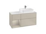 Villeroy und Boch Finion Waschtischunterschrank F141HHHH 120cm, Abdeckplatte glass white Matt, Regal links Sand Matt Lacquer, Sand Matt Lacquer