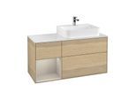 Villeroy und Boch Finion Waschtischunterschrank G141HHPC 120cm, Abdeckplatte white matt, Emotion, Regal links Sand Matt Lacquer, Oak Veneer
