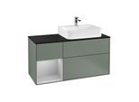 Villeroy und Boch Finion Waschtischunterschrank F142GJGM 120cm, Abdeckplatte Glass Black Matt, Regal links Light grey matt, Olive Matt Lacquer