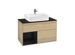 Villeroy und Boch Finion Waschtischunterschrank F112PHPC 100cm, Abdeckplatte white matt, Regal links Glossy Black Lacquer, Oak Veneer