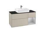 Villeroy und Boch Finion Waschtischunterschrank F172GJHH 120cm, Abdeckplatte black matt, Regal rechts Light grey matt, Sand Matt Lacquer